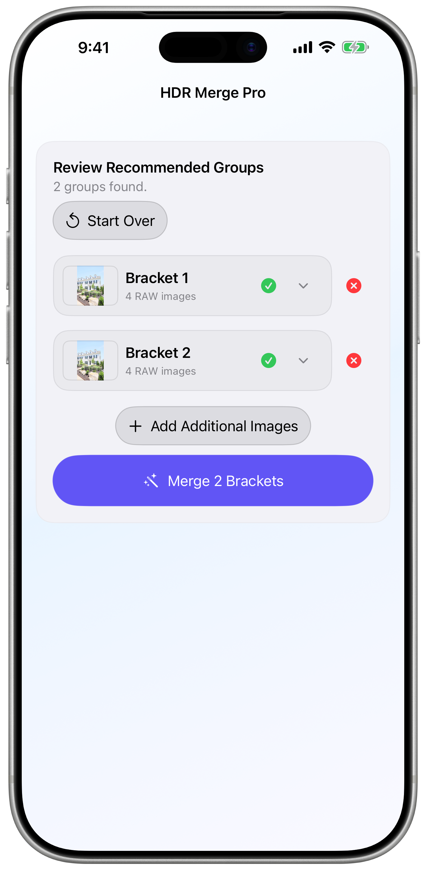 HDR Merge Pro showing valid bracket groups ready to merge on iPhone.